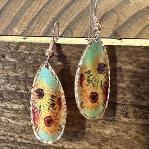 Handmade Boho Copper Earrings, Diamond Cut Van Gogh Sunflowers Earrings, Gift B